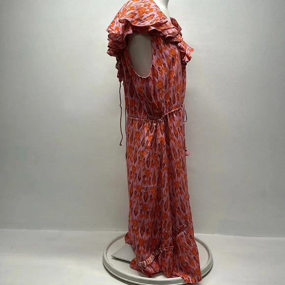 Figue Tahlia Midi Dress Cotton Ruffle Tie Waist Lace Up Back Pink Red Size XL - Picture 5 of 12